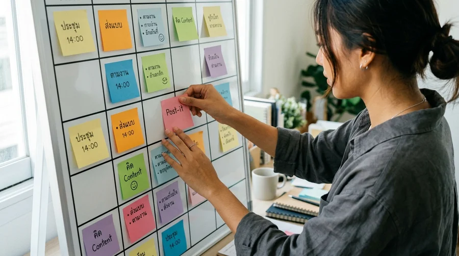 โครงสร้าง content calendar template ภาษาไทย ที่ใช้เก็บวันที่ ช่องทาง หัวข้อ และสถานะงาน